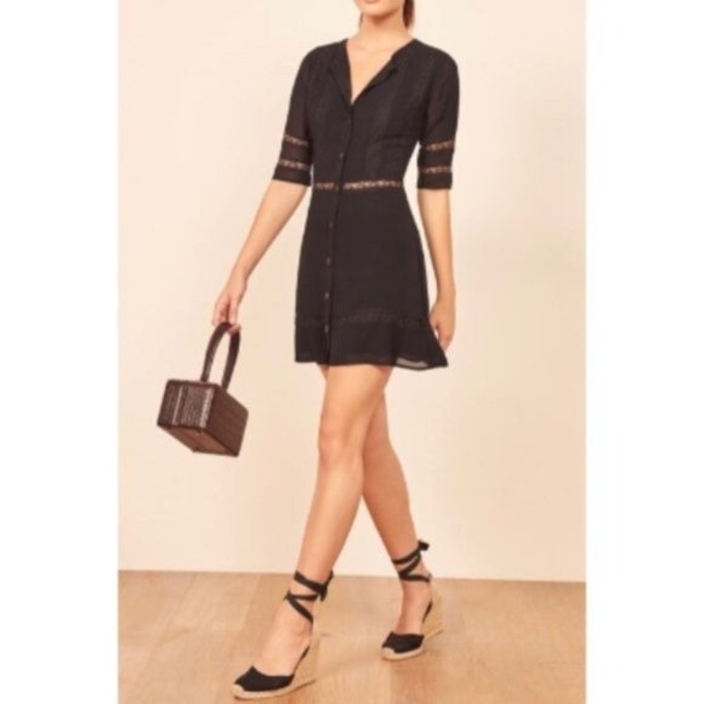 Reformation Sheer Black Lace Short Sleeve Button Down Mini Dress 12